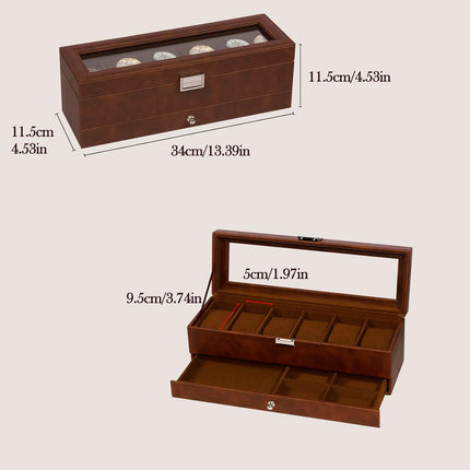 Watch Box for Men, 6 Slot Watch Case with Glass Lid Fits 48Mm