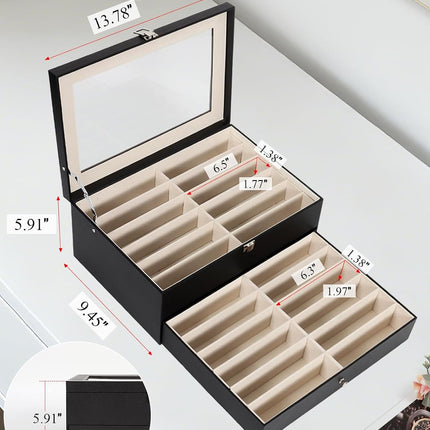 Sunglasses Storage Organizer Case with 24 Adjustable Slots, 2 Layer Multi Eyeglass Glasses Display Box with Lid Women