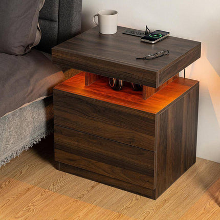 Modern Walnut 2-Drawer 19.7 In. W Nightstand with Smart LED Light and Wireless Charging Station
