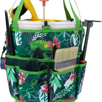 Bucket Tool Organizer 5 Gallon 18-Pocket Gardening Tool Bag with Hangable Handle | Garden Caddy & Bucket Accessory, Green