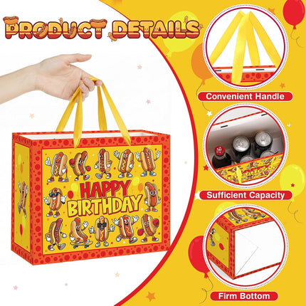 Funny Hot Dog Birthday Gift Bag Cartoon Hot Dog Themed Birthday Wrapping Paper Bag with Greeting Card for Kids Adults Sausage Food Picnic BBQ Hotdog Bday Baby Shower Party Decorations