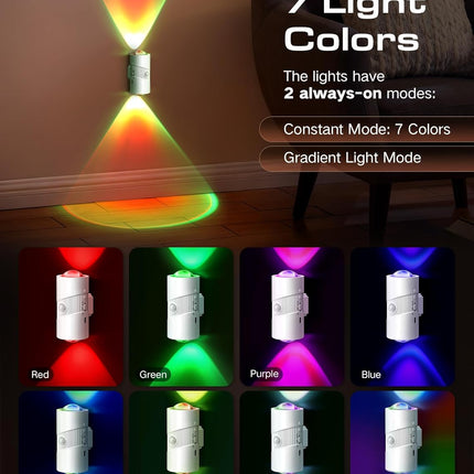Rechargeable RGB Motion Sensor Night Light, Color Changing LED Wall Lamp with Stick-On Magnet, 4-Level Adjustable Brightness, Nightlights for Bedroom, Bathroom, Hallway, Stairs, Closet, 2-Pack