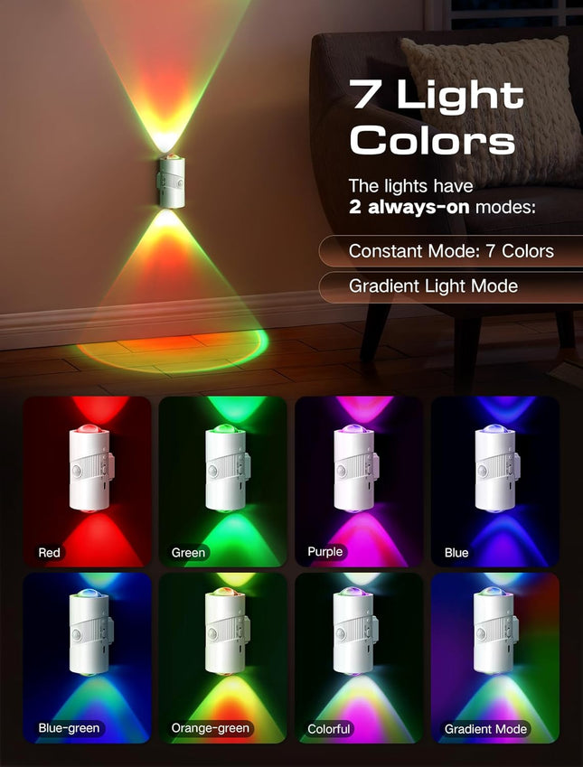 Rechargeable RGB Motion Sensor Night Light, Color Changing LED Wall Lamp with Stick-On Magnet, 4-Level Adjustable Brightness, Nightlights for Bedroom, Bathroom, Hallway, Stairs, Closet, 2-Pack