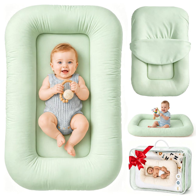 Infant Support Cushion & Baby Support Cushion for Newborn 0-24 Months, Breathable Cotton Pad, Supervised Use, Portable Infant Essentials for Travel and Home, Green (Cover Included