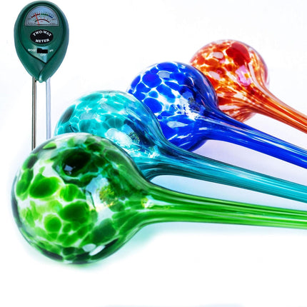 Plant Watering Globes - Plant Watering Devices - Plant Watering Bulbs - Self Watering Spikes -Decorative Hand Blown Glass - Watering Bulbs - Free Moisture Meter 4 Large Size
