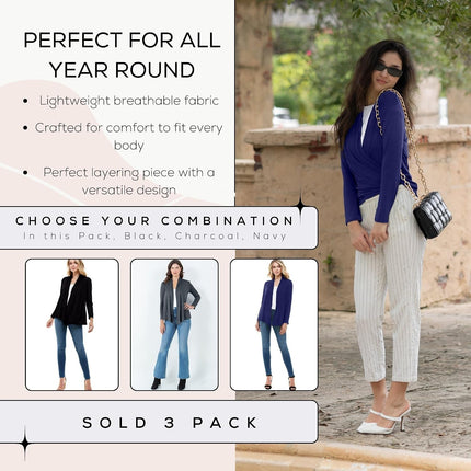Long Sleeve Womens Cardigan, Thin Lightweight Rayon Sweater Light Cardigans for Women - 3 Pack