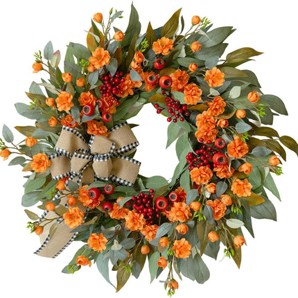 24 Inch Harvest Fall Wreaths for Front Door outside with Bow & Red Berries