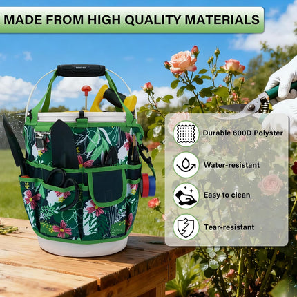 Bucket Tool Organizer 5 Gallon 18-Pocket Gardening Tool Bag with Hangable Handle | Garden Caddy & Bucket Accessory, Green