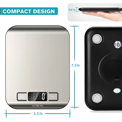 Food Scale, Digital Kitchen Scale Grams and Ounces for Baking, Cooking and Meal Prep, 6 Units with Tare Function, LCD Display, 304 Stainless Steel, 11Lb