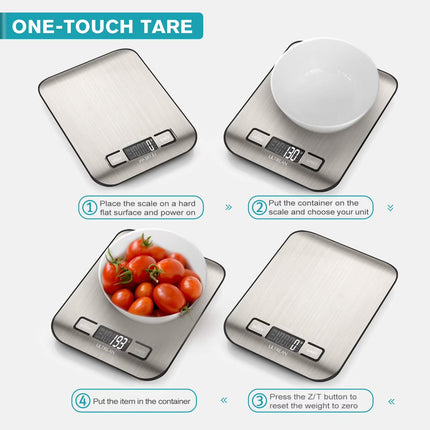 Food Scale, Digital Kitchen Scale Grams and Ounces for Baking, Cooking and Meal Prep, 6 Units with Tare Function, LCD Display, 304 Stainless Steel, 11Lb