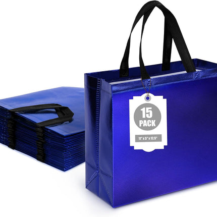15 Pack Blue Gift Bags with Handles, 12.6 X 5 X 11 Inches