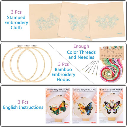 3 Pack Embroidery Starter Kit with Pattern, Flowers Butterfly Stamped Embroidery Kit Including Embroidery Fabrics, Bamboo Hoops, Threads Needles, Hobbies for Women (Green Purple Blue)