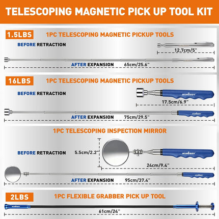 4PCS Telescoping Magnetic Pick up Tool Kit, Magnetic Sweepers Set with 360° Inspection Mirror, 2 Telescoping Magnetic Pickup Tools (5–25.6/6.9–29.5 In) & 24 in Flexible Claw Grabber