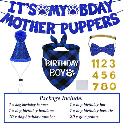 Dog Birthday Decorations, Multi Sizes Dog Birthday Hat with Numbers Bandana Bow Tie It’S My Bday Mother Puppers Banner for Small Medium Dogs Pets (Blue, Small)