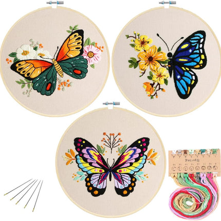 3 Pack Embroidery Starter Kit with Pattern, Flowers Butterfly Stamped Embroidery Kit Including Embroidery Fabrics, Bamboo Hoops, Threads Needles, Hobbies for Women (Green Purple Blue)