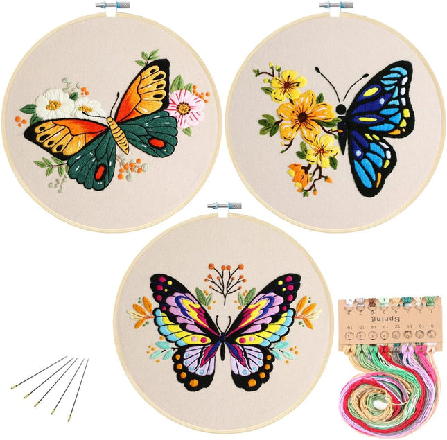 3 Pack Embroidery Starter Kit with Pattern, Flowers Butterfly Stamped Embroidery Kit Including Embroidery Fabrics, Bamboo Hoops, Threads Needles, Hobbies for Women (Green Purple Blue)