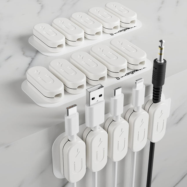 Magnetic Cable Holder Cable Management Multipurpose Desktop Cable Management System, 10-Pack, Great for USB-C, Lightning, Micro-Usb & Other Cables Sticks to Any Surface (White - 10 Pack)