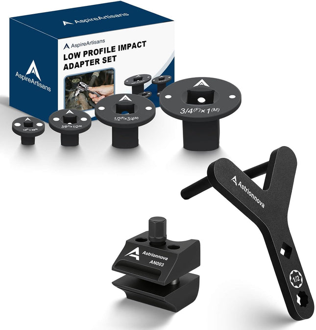 Automotive Repair Tool Bundle: 4-Piece Low Profile Magnetic Impact Socket Adapter Set (1/4" to 1" Cr-Mo Steel) & 2-Piece Suspension Tool Set (Strut Spreader & Lower Control Arm Prying Tool for FWD)
