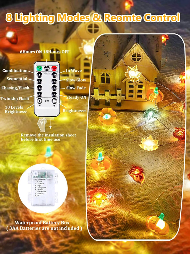 Fall Decor 3D Pumpkin Acorn Maple Leaf Fairy Lights Battery Operated Remote