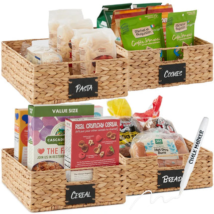 4 16X12In Woven Water Hyacinth Pantry Baskets W/ Chalkboard Label, Chalk Marker