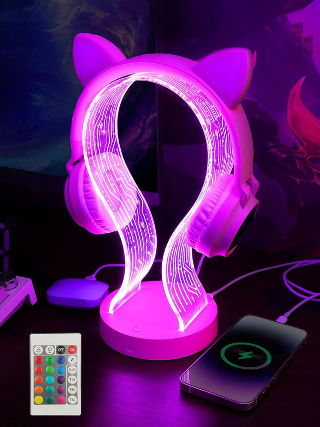 Pink Headphone Stand, with 1 USB Charging Port and 1 Type-C Charging Ports, Desk Gaming Headset Holder, 16 Changing Colors with Remote, Gift for Gamers Girl and Music Lovers