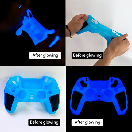 Glow in the Dark PS5 Controller Skin,Blue anti Slip Soft Thicked Studded Silicone Cover Skins Compatible with PS5 Controller,Include 8 PCS Blue Thumb Grips Glow and 2 Cat Paw Grips Accessories.