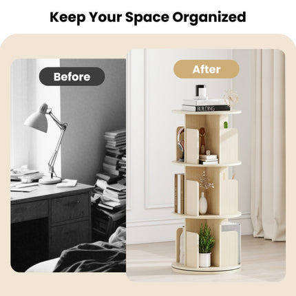 3-Tier Rotating Bookshelf with Dividers and Anti-Falling Baffles