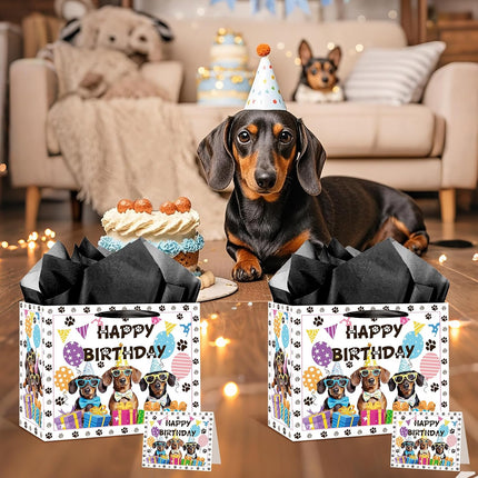 Large Dog Birthday Gift Bag Set with Tissue Paper and Greeting Card Dachshund Dogs Happy Birthday Bag Dachshund Doggy Puppy Dog Pet Paw Gift Wrapping Paper with Handles for Girl Boy Kids Men Women