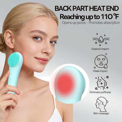 Rechargeable Silicone Facial Cleansing Brush for Women & Men - 5 Modes Waterproof Face Scrubber with Heat Massage, Deep Cleansing & Exfoliating Electric Face Brush (Green)