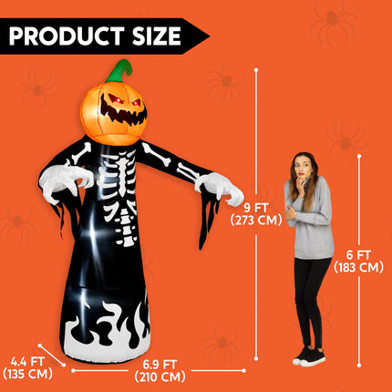 9 Ft Halloween Inflatables Pumpkin Skeleton Decorations with Built-In LED Lights,Large Blow up Decoration for Yard Lawn Garden Indoor Outdoor, Pumpkin Skeleton Inflatable Decoration
