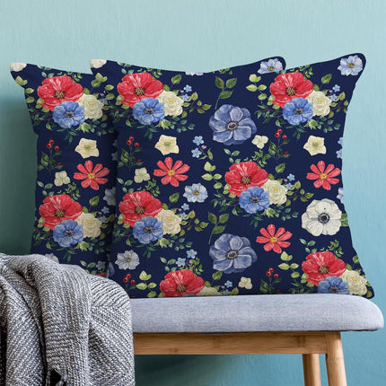 4Th of July Floral Pillow Covers 18X18 Pack of 2,Boho Blue Red Flower Throw Pillow Covers Independence Day Floral Decorative Pillowcase Farmhouse Square Cushion Cover for Couch Sofa Outdoor