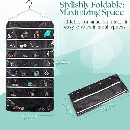 Hanging Jewelry Organizer with Zippered Pockets - (1 Pack) Black Closet Jewelry Organizer Storage with Hanger, 56 Pockets Dual Sided Earring Organizer Hanging for Bracelets, Watches, Ring