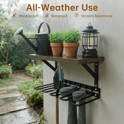 Wall Mount Boot Rack, Garden Tool Organizer with Curved Hooks & Wood Shelf,