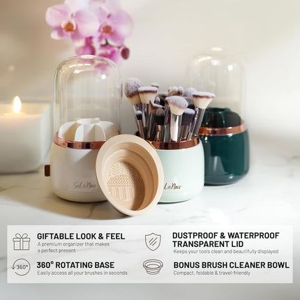 Rotating Makeup Brush Holder with Lid Dustproof Vanity Organizer for Makeup Brushes, Bonus Foldable Makeup Brush Cleaner Bowl Included