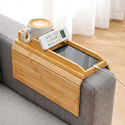 1Pc Bamboo Couch Cup Holder Tray, 4.7X12.6Inch Couch Armrest Table 3 in 1 Anti-Slip Sofa Armchair Caddy Table Couchs Arm Tray with Detachable Cup Holder Foldable Sofas Trays for Drinks Cellphone