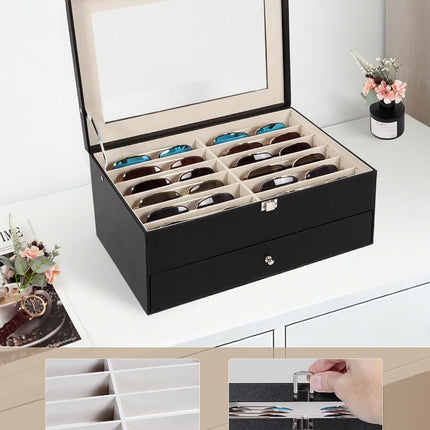 Sunglasses Storage Organizer Case with 24 Adjustable Slots, 2 Layer Multi Eyeglass Glasses Display Box with Lid Women