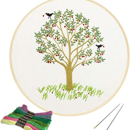 Full Range of Embroidery Starter Kit with Pattern, Cross Stitch Kit Including Embroidery Fabricwith Plants Pattern, Bamboo Embroidery Hoop, Color Threads and Tools Kit (Cherry Tree)