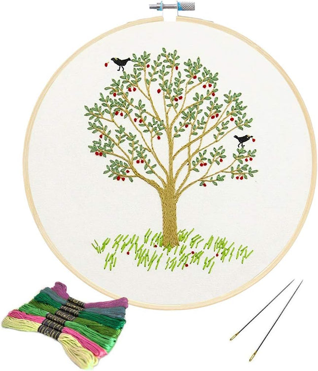 Full Range of Embroidery Starter Kit with Pattern, Cross Stitch Kit Including Embroidery Fabricwith Plants Pattern, Bamboo Embroidery Hoop, Color Threads and Tools Kit (Cherry Tree)