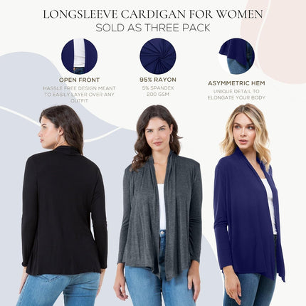 Long Sleeve Womens Cardigan, Thin Lightweight Rayon Sweater Light Cardigans for Women - 3 Pack