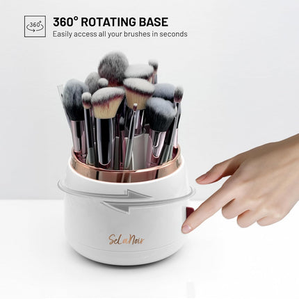 Rotating Makeup Brush Holder with Lid Dustproof Vanity Organizer for Makeup Brushes, Bonus Foldable Makeup Brush Cleaner Bowl Included