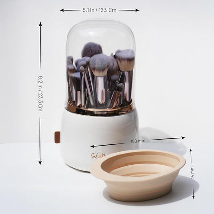 Rotating Makeup Brush Holder with Lid Dustproof Vanity Organizer for Makeup Brushes, Bonus Foldable Makeup Brush Cleaner Bowl Included