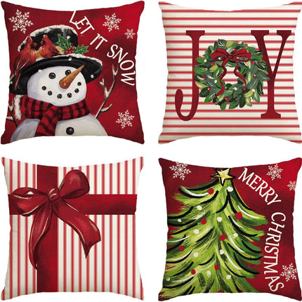 Merry Christmas Let It Snow Joy Stripes Gift Box Red Throw Pillow Covers, 20 X 20 Inch Xmas Tree Holiday Cushion Case Decoration for Sofa Couch Set of 4