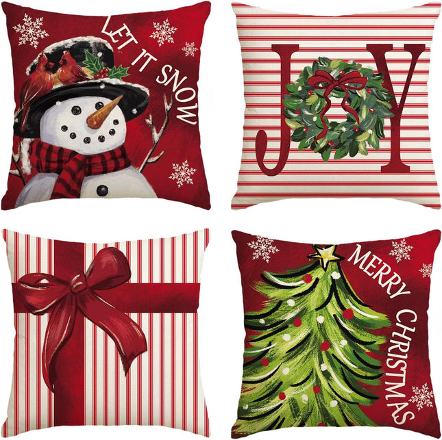 Merry Christmas Let It Snow Joy Stripes Gift Box Red Throw Pillow Covers, 20 X 20 Inch Xmas Tree Holiday Cushion Case Decoration for Sofa Couch Set of 4