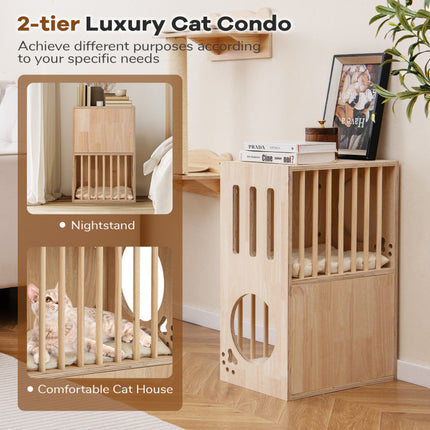 2-Tier Wooden Cat Condo Indoor Symmetrical Cat House with Removable Cushions