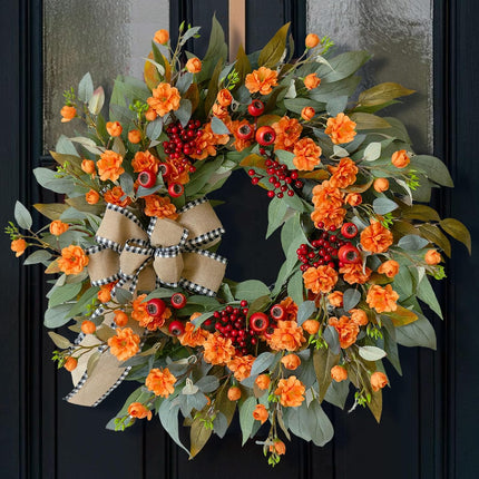 24 Inch Harvest Fall Wreaths for Front Door outside with Bow & Red Berries
