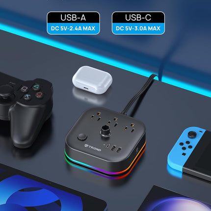 Headphone Stand with USB C, Desk Gaming Headset Holder with 3 AC Outlets, 2 USB-A and 1 USB-C, Headset Stand with 5 RGB Light Modes, for Gaming Desk Accessories Gamer Boyfriend Gifts