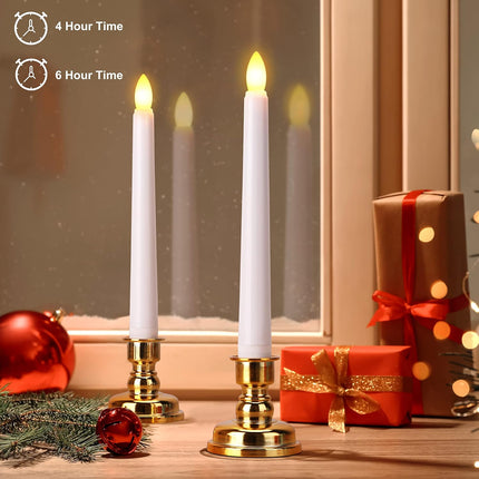Flameless Window Candles with Gold Bases, Battery Operated Taper Candle with 4H/6H Daily Timer, Remote Window Candle with Unique Flame