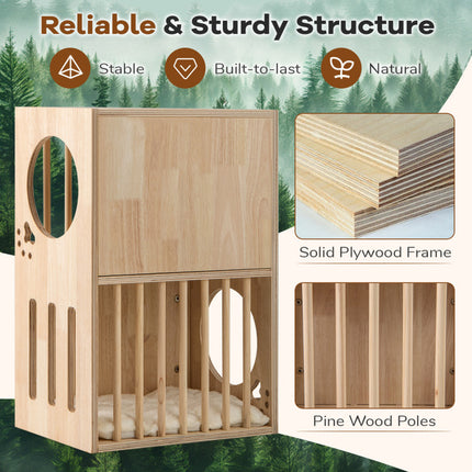 2-Tier Wooden Cat Condo Indoor Symmetrical Cat House with Removable Cushions