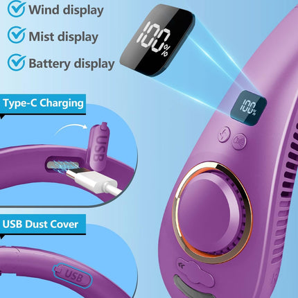 Portable Misting Neck Fans with Water Spray, Rechargeable Long Battery Life, Powerful Air Cooler with LED Display, Personal Compact Wearable Necklace Fan for Kids Adults Elderly Hot Weather, Purple