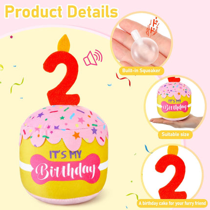 Dog Birthday Cake Toy Squeaky Plush Gift,2Nd,Pink and Yellow